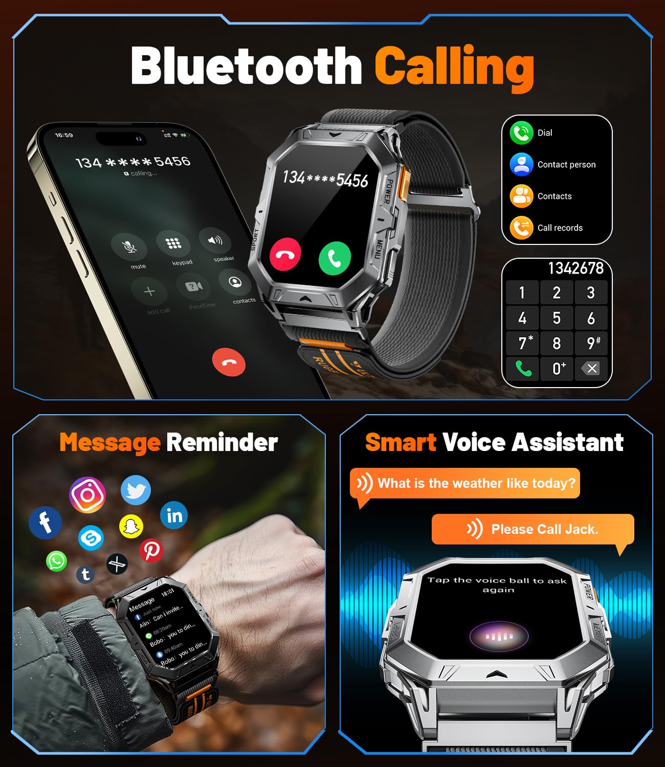 Hirreo Military Smart Watch For Men, 2.13 ' ' Amoled Display Smartwatch, 80 Days Long Battery, 100+ Sport Mode Fitness Tracker W